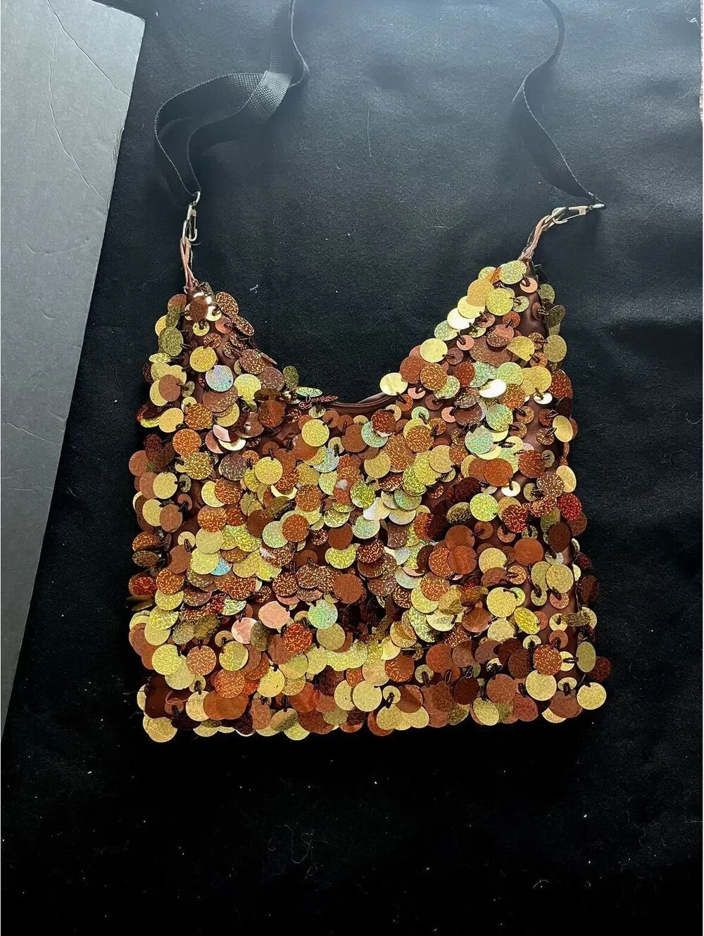 Sequined Copper Crossbody Bag with Adjustable Strap and Inner Zipper Pocket